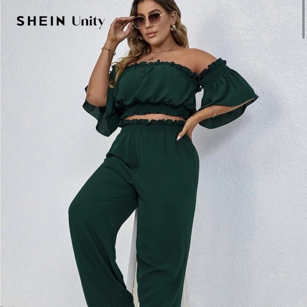 SHEIN Unity Plus Off Shoulder Ruffle Trim Crop Top & Paperbag Waist Pants